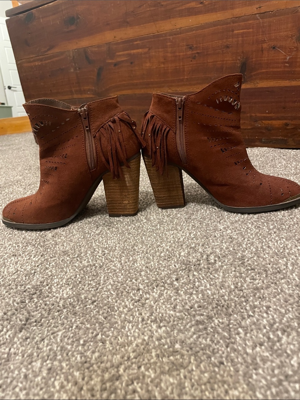 Fringed Suede Ankle Booties - Rust Brown - Picture 3 of 8